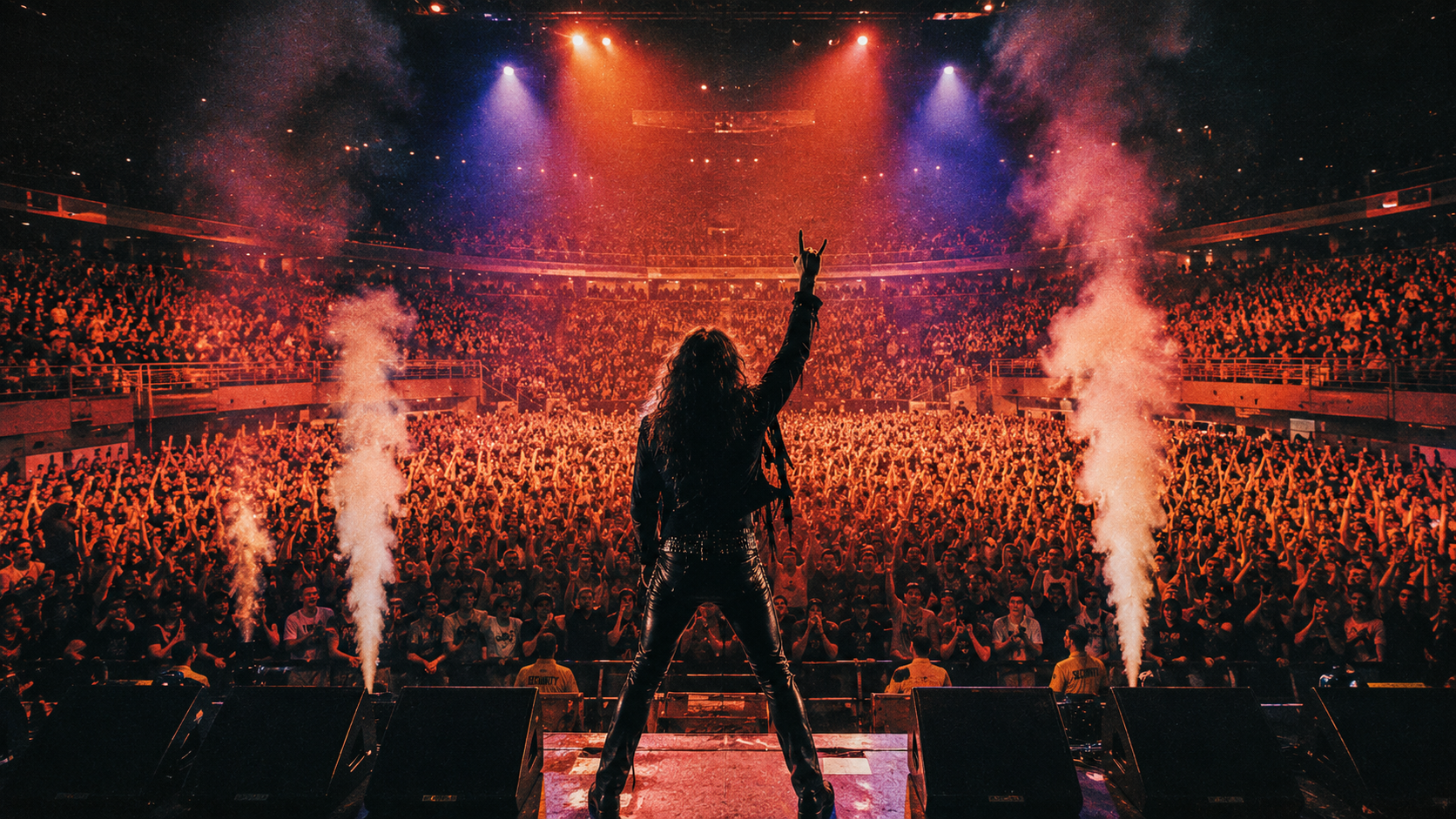 Crowd energy — thousands of Gen X faces lit from the stage, hands raised